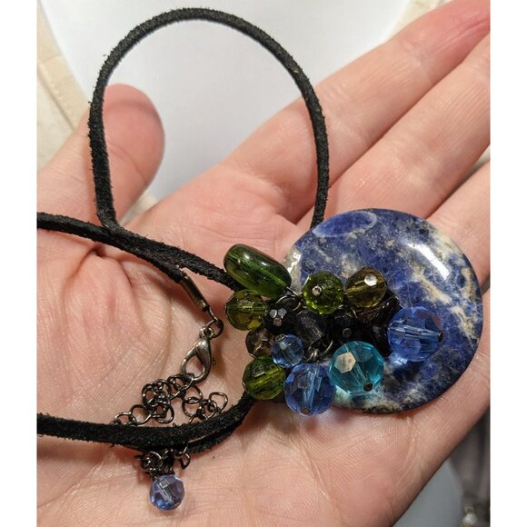 Whimsical Handmade Lapis Lazuli Ring Disc Pendant With Beaded Charm Accents - Picture 3 of 5